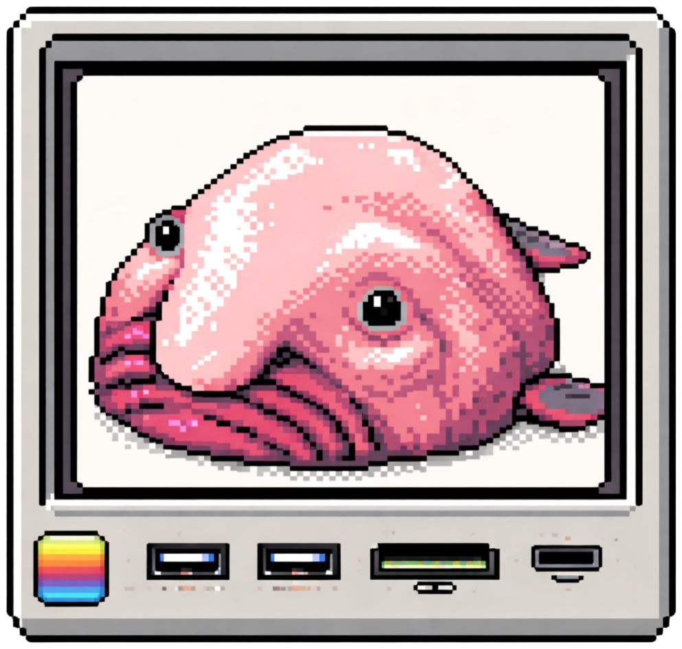 Mr. Blobby the blobfish, on the screen of a retro Macintosh-style dock — the actual hardware kit Blobby Labs ships with every client system